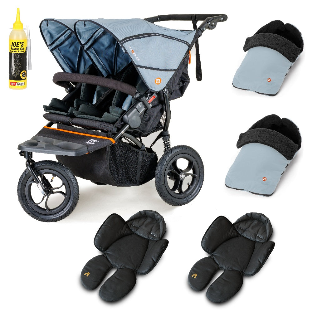 Out N About double nipper in rocksalt grey with 2 footmuffs and 2 newborn inserts.
