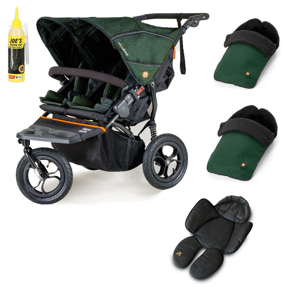 Out N About double nipper in sycamore green with 2 footmuffs and 1 newborn insert.