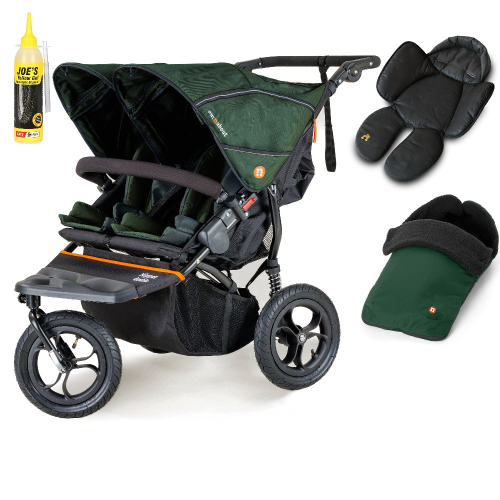 Out N About double nipper in sycamore green with 1 footmuff and 1 newborn insert.