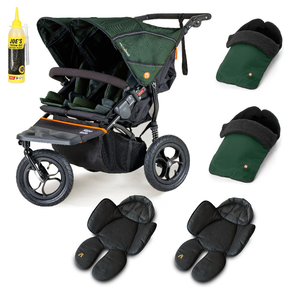 Out N About double nipper in sycamore green with 2 footmuffs and 2 newborn inserts.