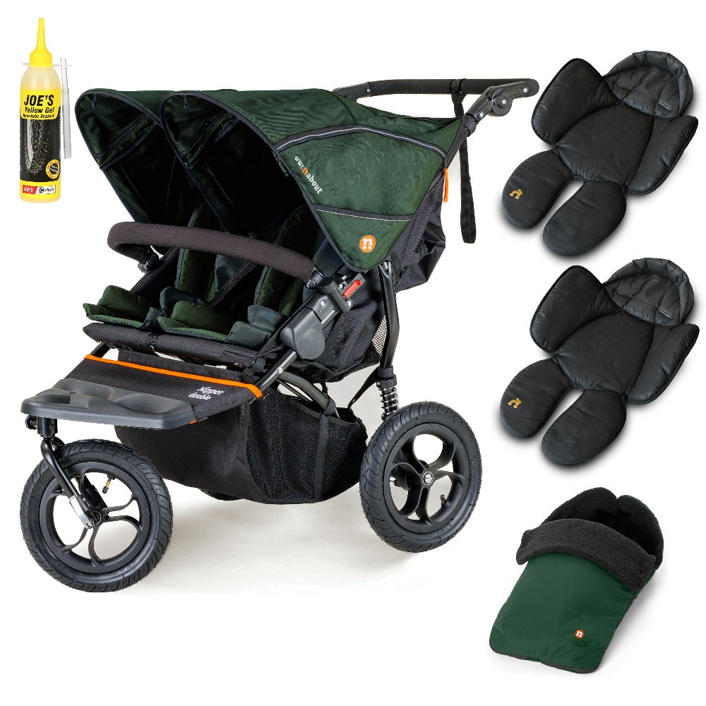 Out N About double nipper in sycamore green with 1 footmuff and 2 newborn inserts.