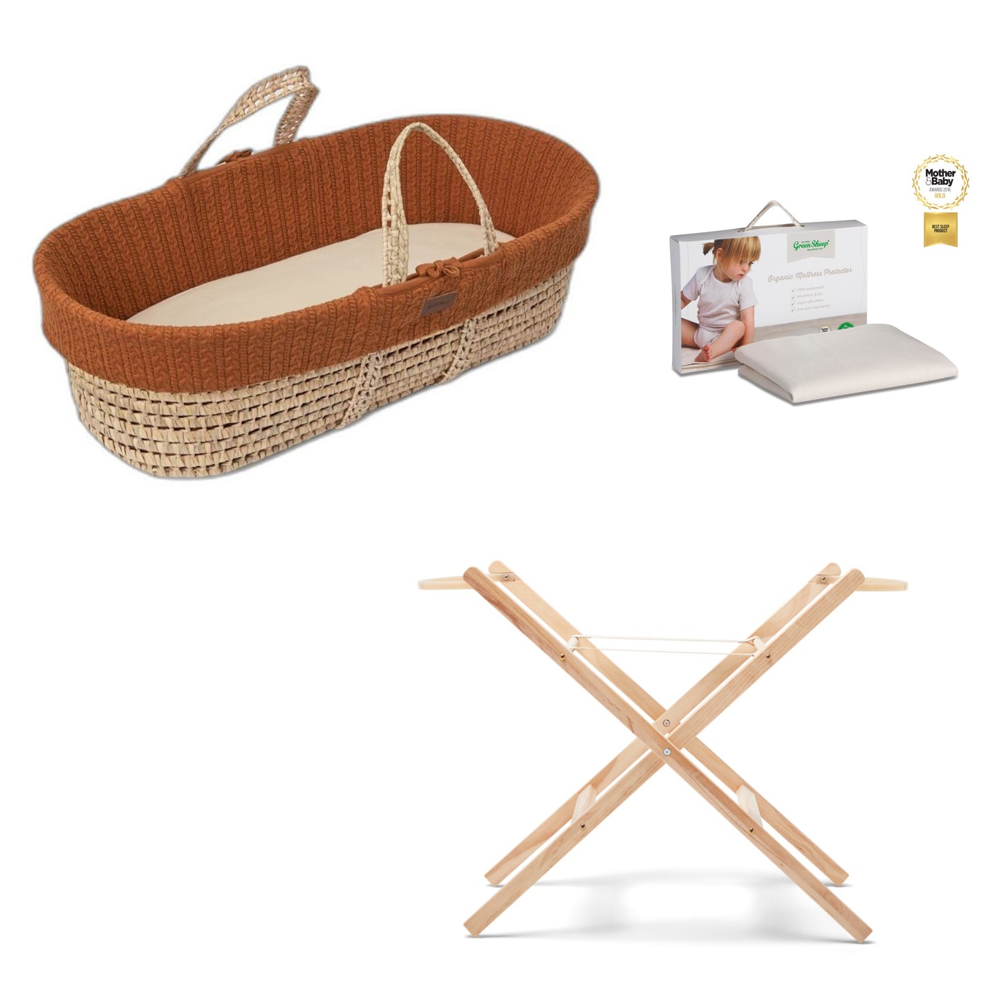 Moses Basket Bundle in terracotta with stand, protector