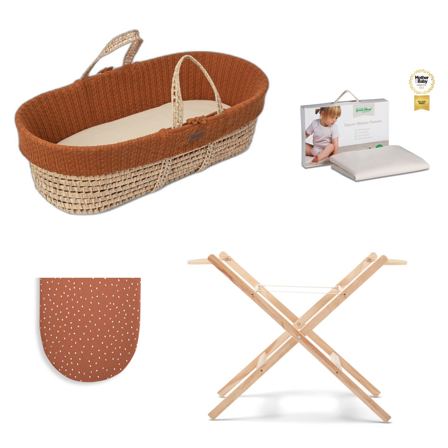 Moses Basket Bundle in terracotta with stand, protector and  1 sets of sheets