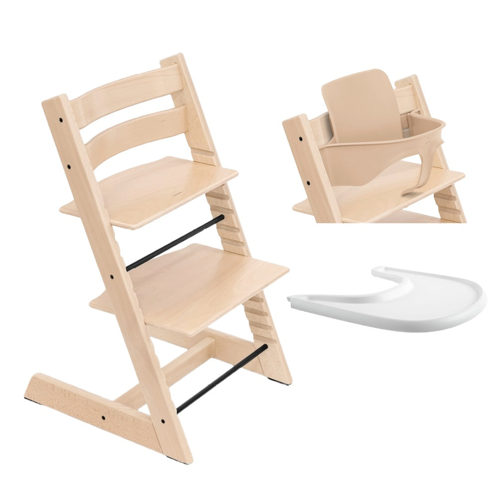 Tripp Trapp frame in natural colour way with baby set and tray.