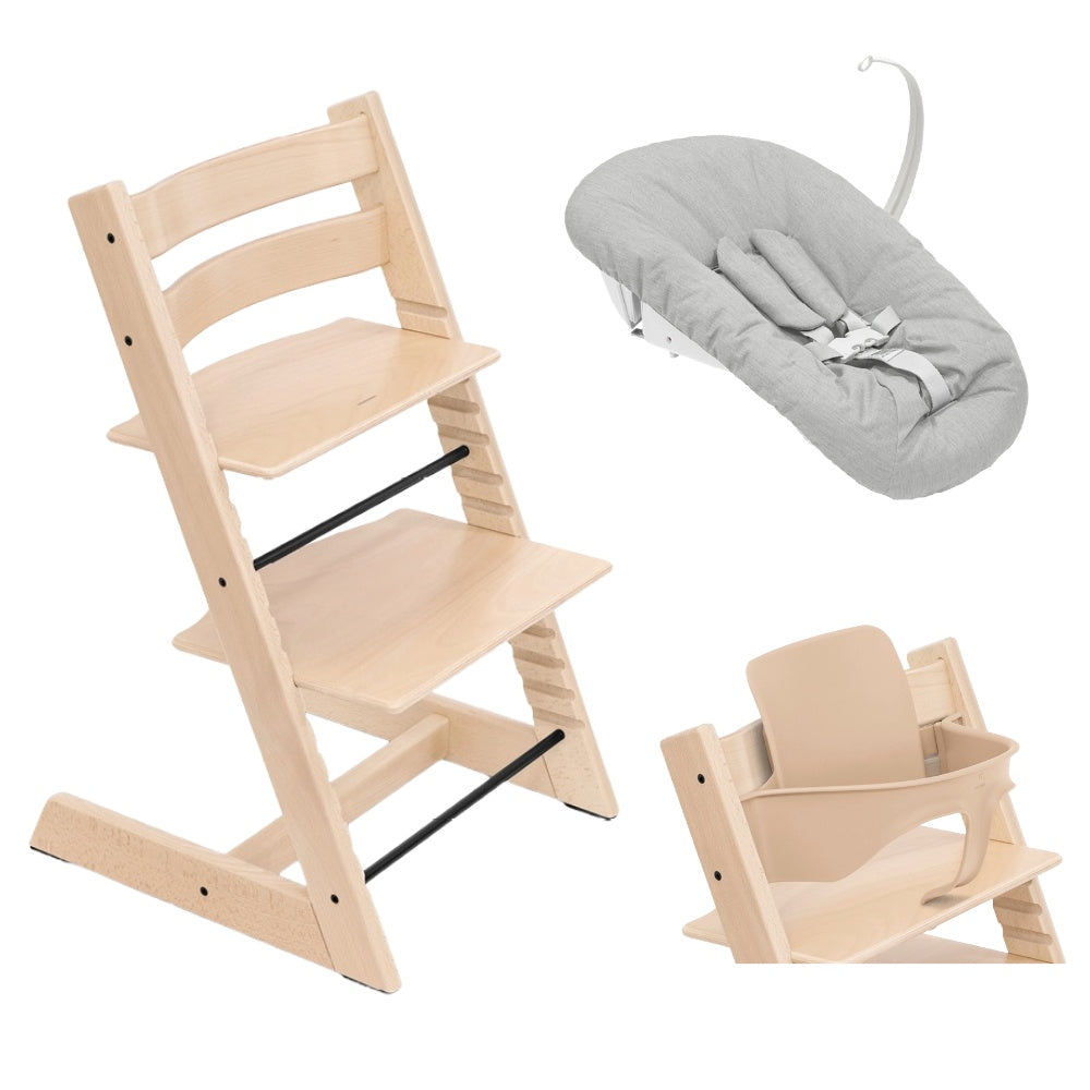 Tripp Trapp Frame in natural beech colour way with newborn set and baby set.