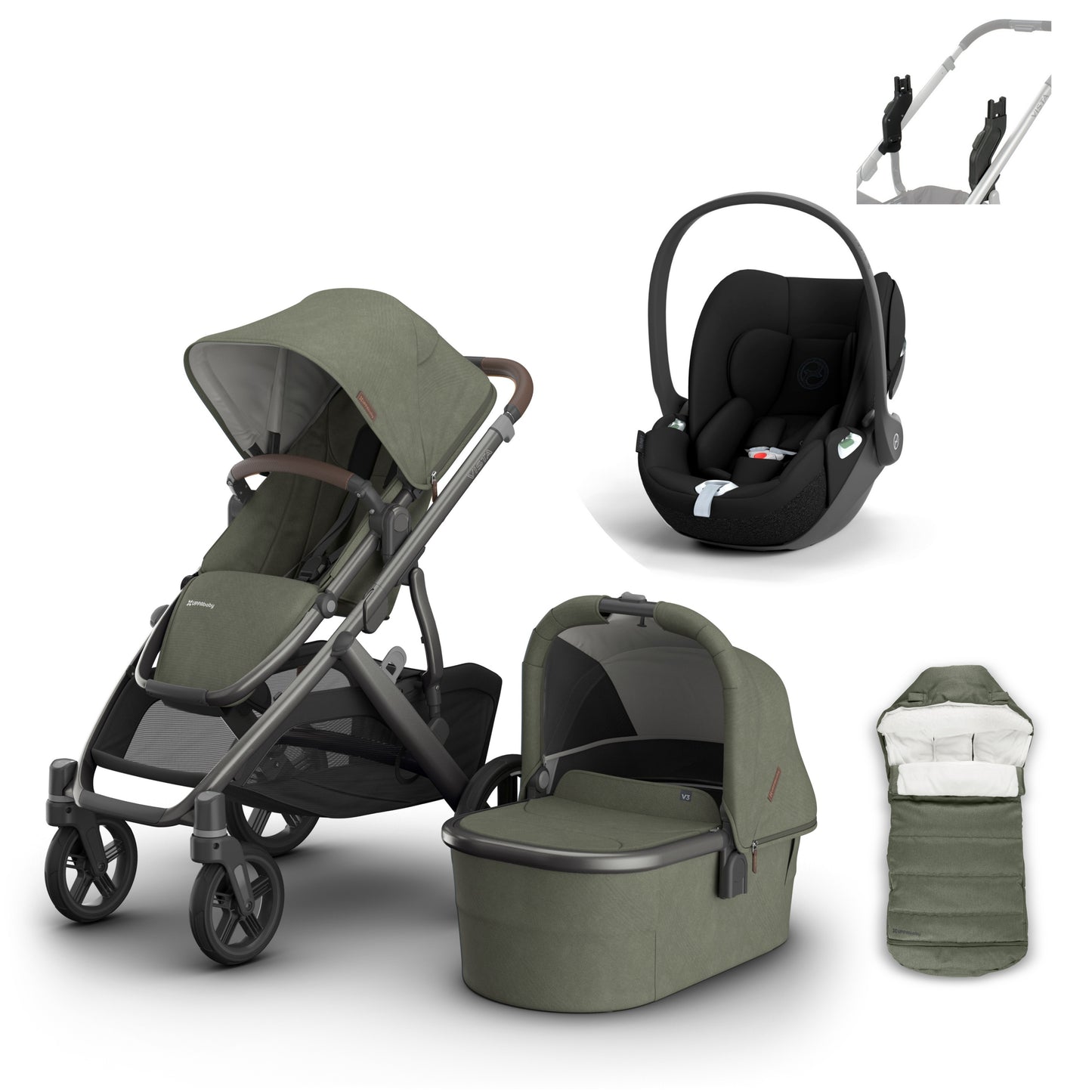 UPPAbaby vista v3 in Evelyn with a cloud t, cosy ganoosh footmuff