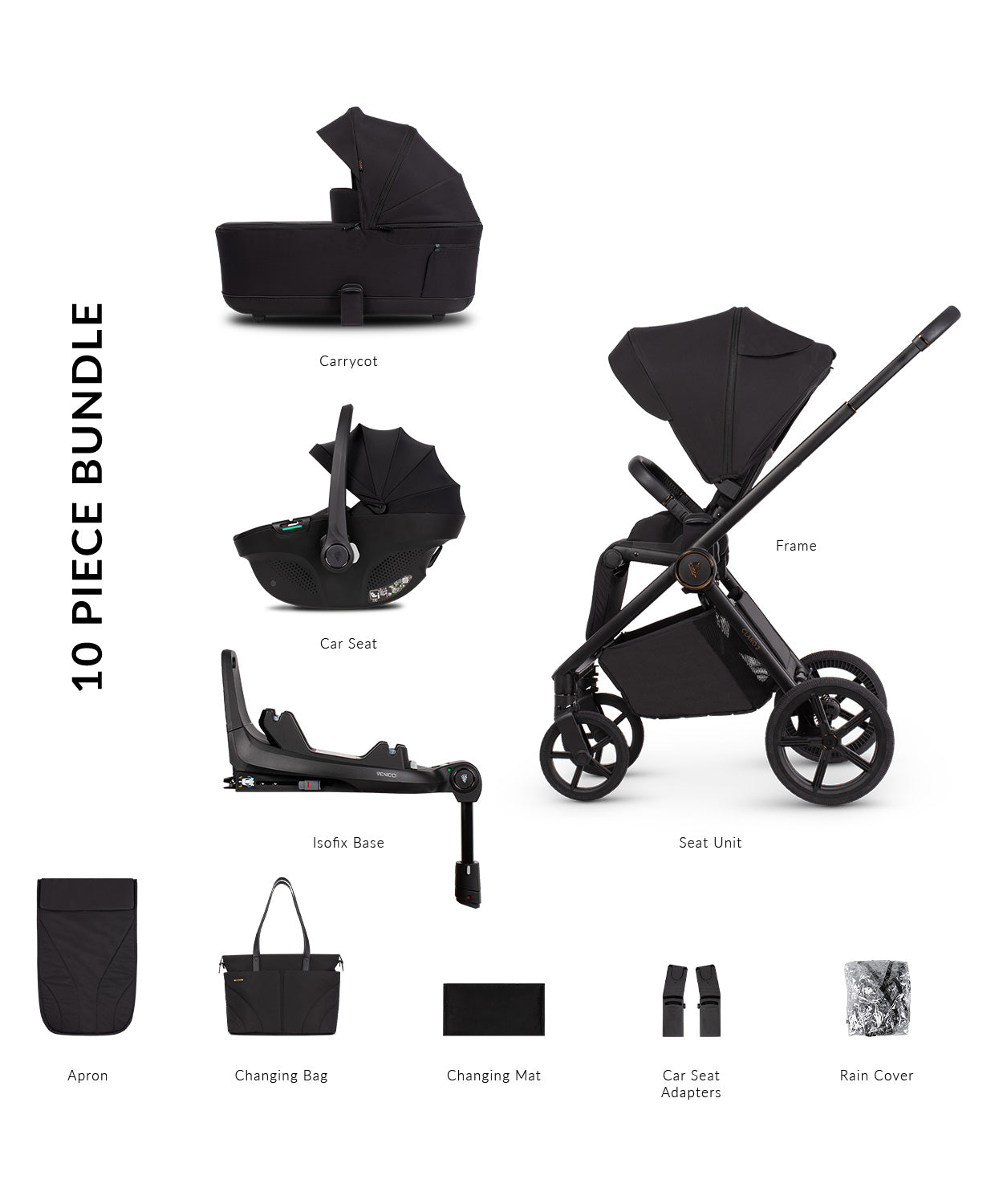 Venicci Claro 2 travel system in noir black with tiago car seat and isofix base.