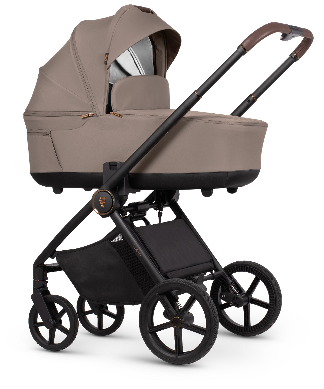 Almond stroller and accessories displayed, highlighting a 2-in-1 travel system with mesh ventilation and one-hand folding capability.