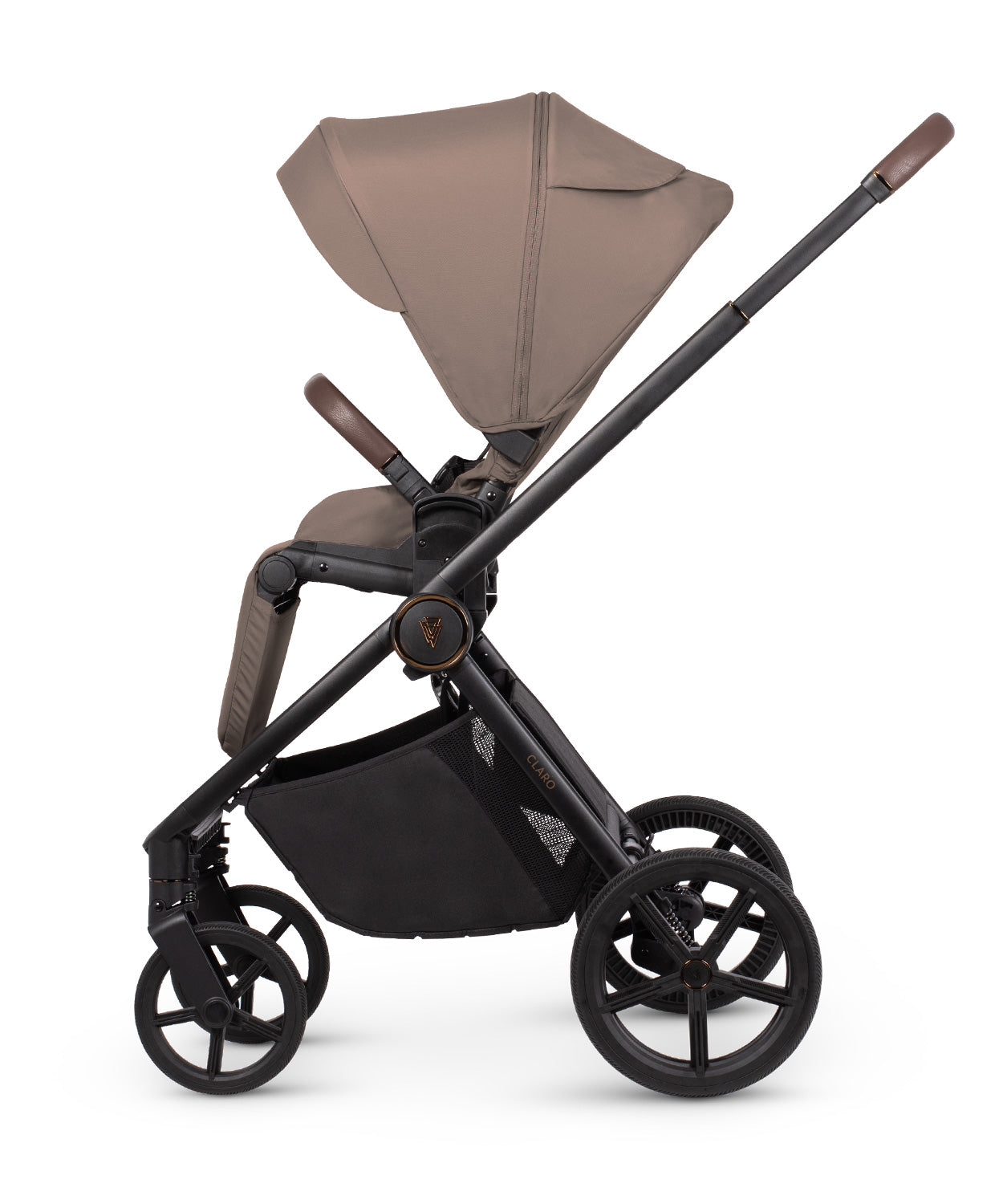 Almond stroller and accessories displayed, highlighting a 2-in-1 travel system with mesh ventilation and one-hand folding capability.