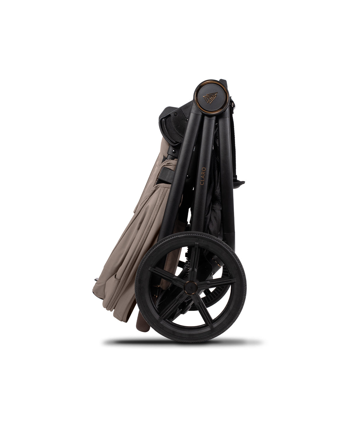 Almond stroller and accessories displayed, highlighting a 2-in-1 travel system with mesh ventilation and one-hand folding capability.