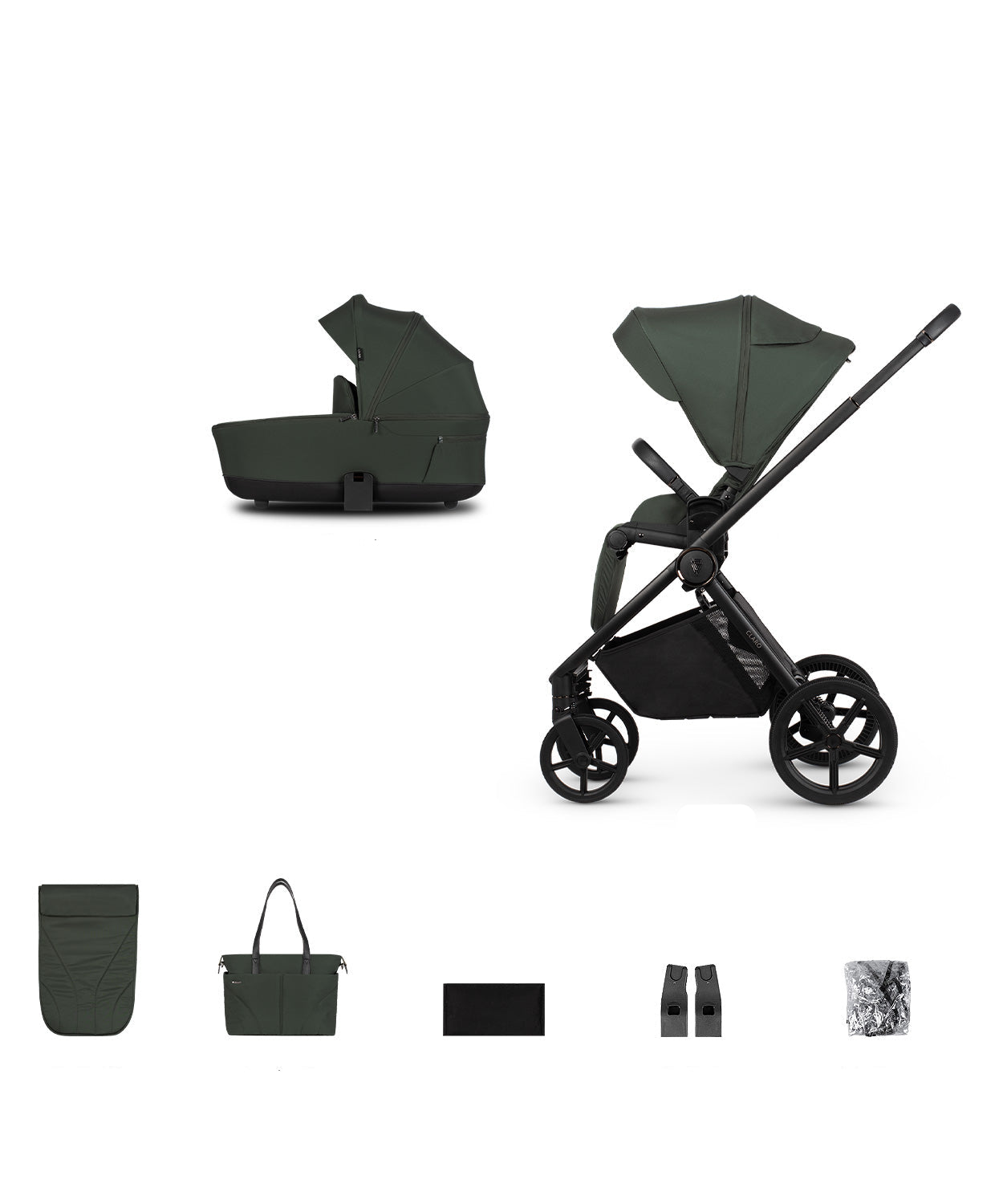Forest stroller and accessories displayed, highlighting a 2-in-1 travel system with mesh ventilation and one-hand folding capability.