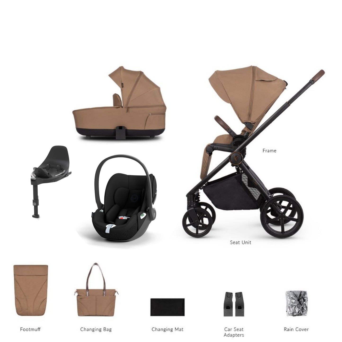 Venicci Claro Caramel bundle showcasing Cloud T and base with accessories