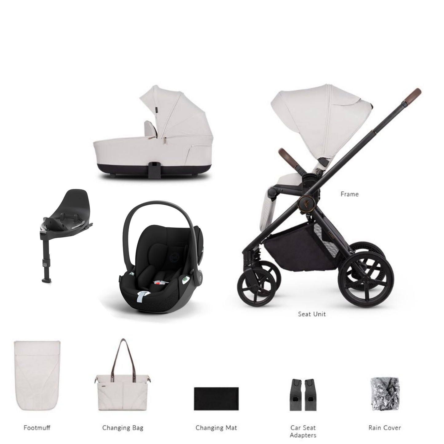 Venicci Claro Vanilla bundle showcasing Cloud T and base with accessories