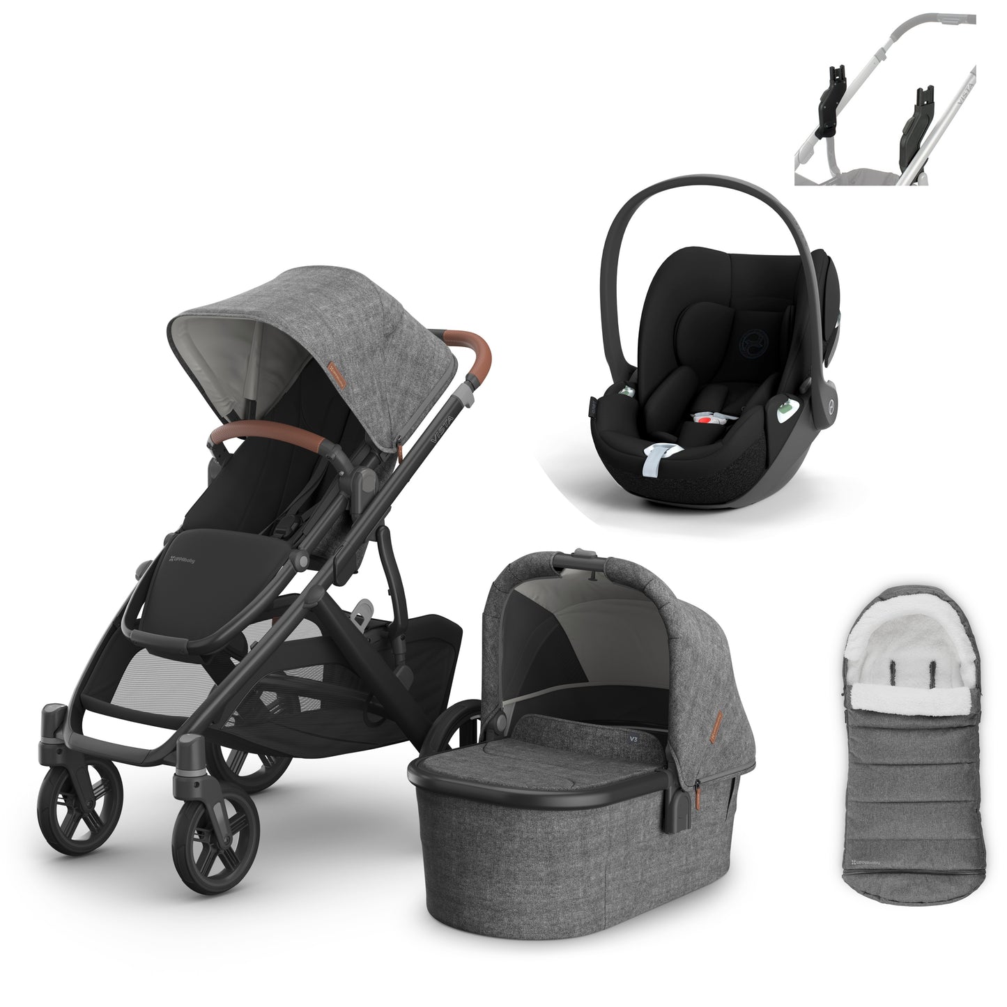 UPPAbaby vista v3 in Greyson with a cloud t and cosy ganoosh footmuff