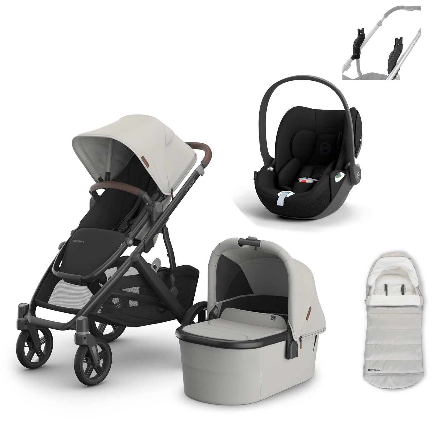 UPPAbaby vista v3 in Savannah with a cloud t and cosy ganoosh footmuff