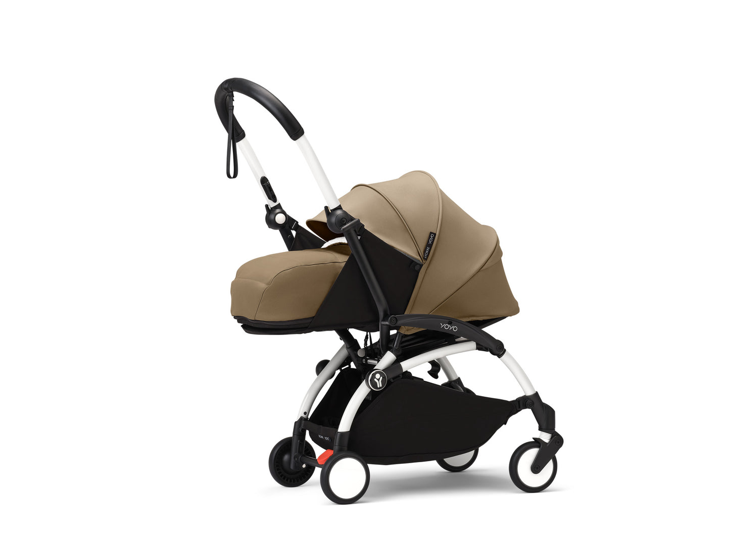 YoYo3 pushchair white chassis with toffee newborn pack and colour pack.