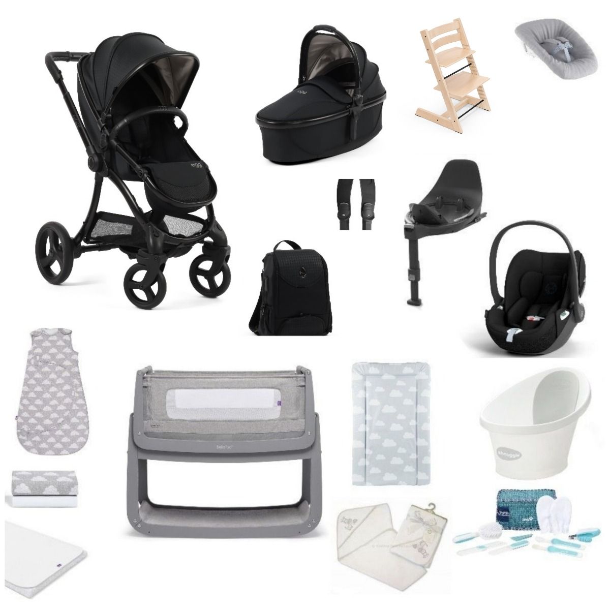 Egg 3 Pushchair & carrycot in houndstooth black, complete with all babies essential including car seat, tripp trapp highchair, crib and bath.