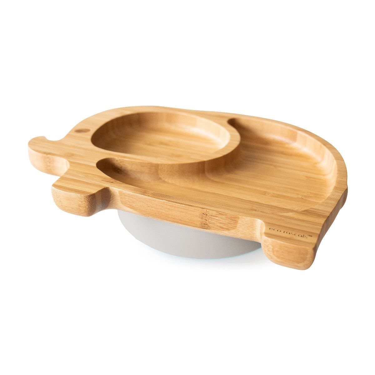Eco rascals bamboo elephant plate with grey suction base.