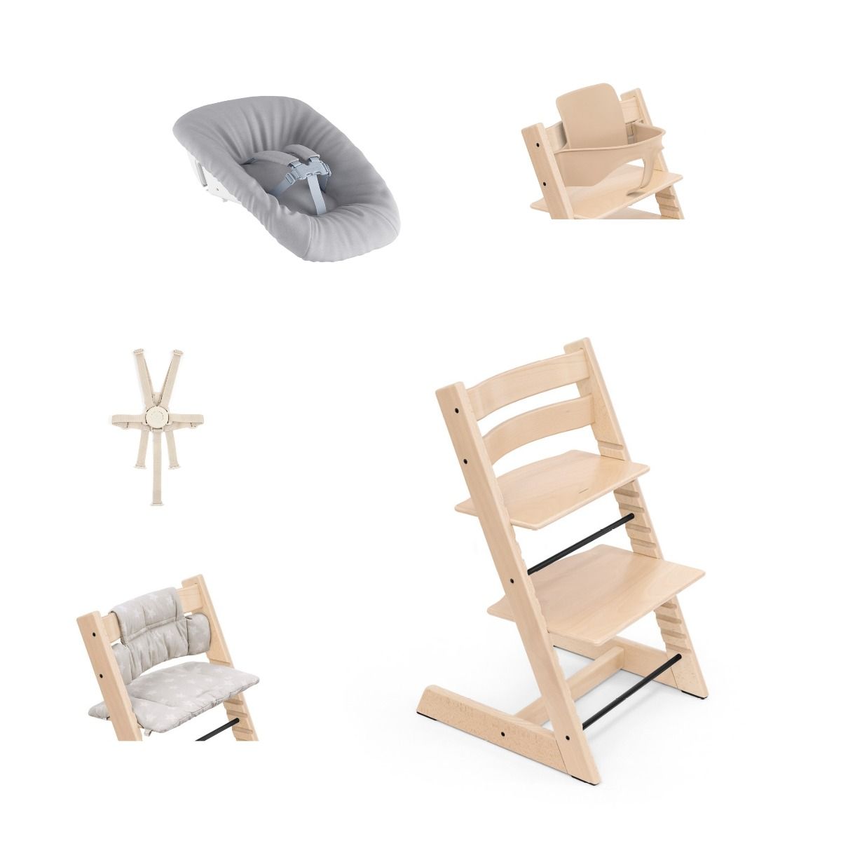 Stokke Tripp Trapp wooden Highchair with newborn set,baby set, harness and cushion.