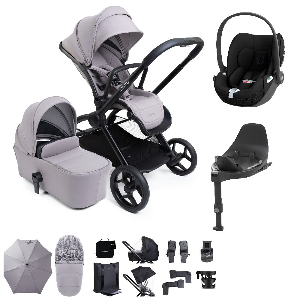 iCandy core 2 pushchair and accessory bundle in black colour way with cybex cloud t car seat.