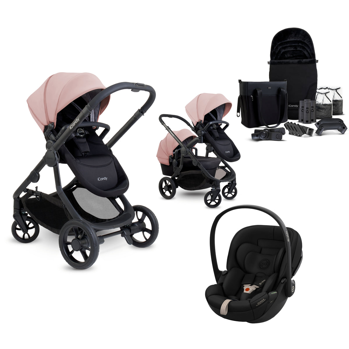 iCandy 4 travel system in rose pink colour, with matching accessories and cybex cloud s car seat only.