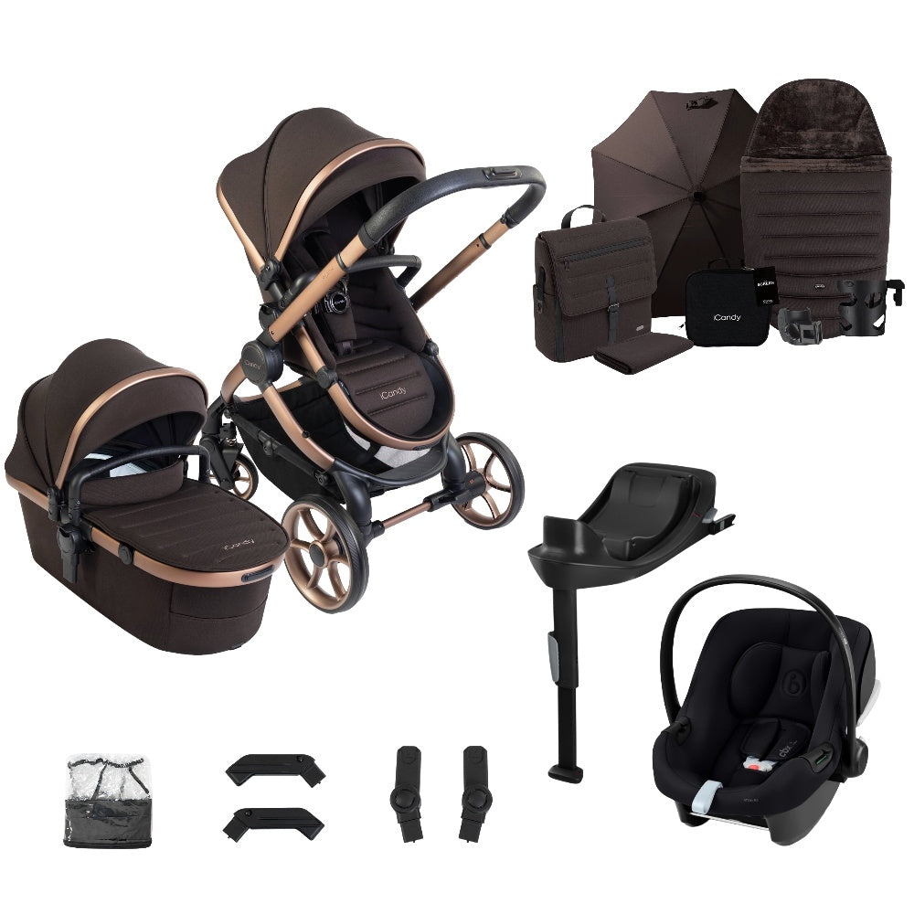 iCandy peach 8 bundle in Pecan colourway complete with cybex aton B2 car seat and base.