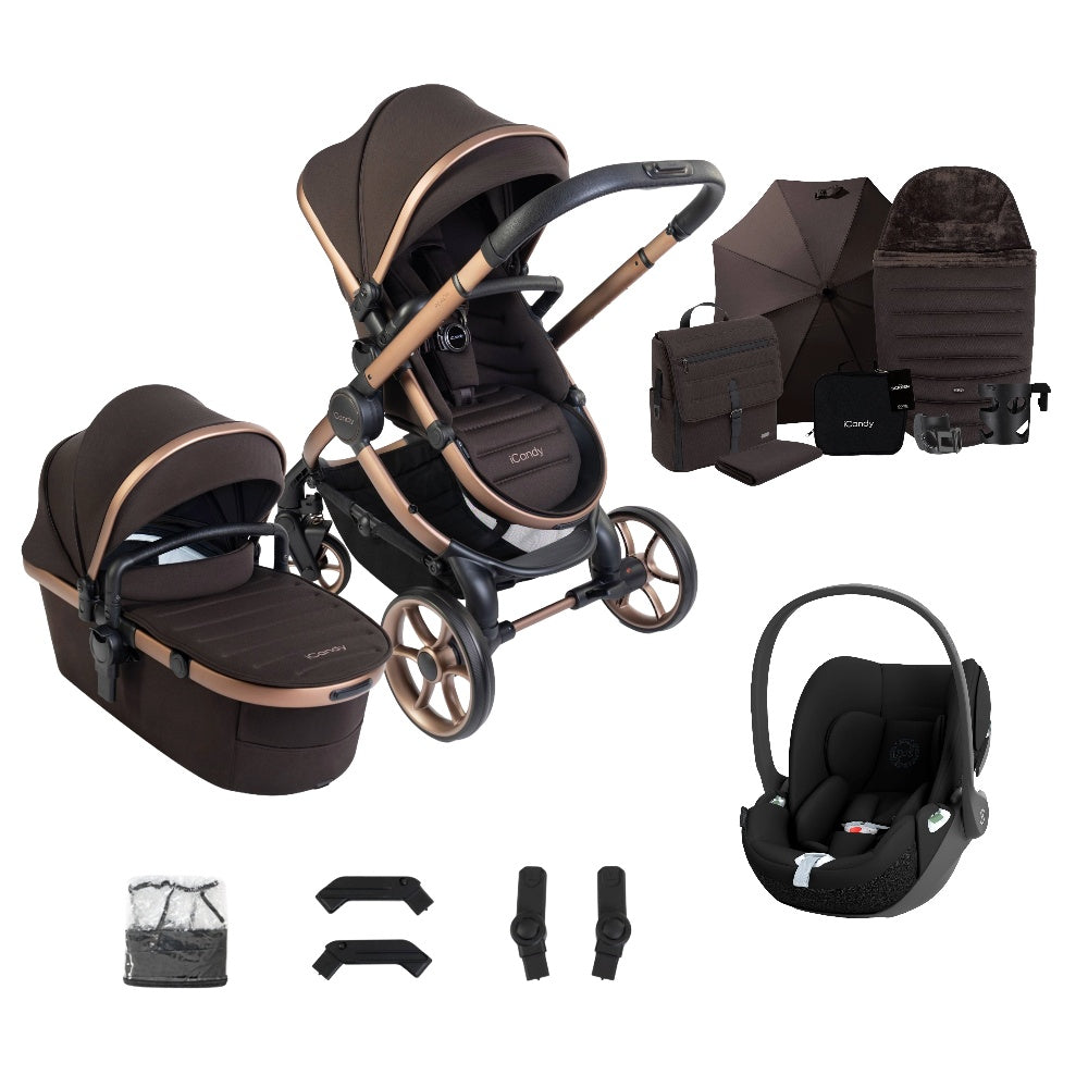 iCandy peach 8 bundle in pecan colourway complete with cybex cloud t car seat.
