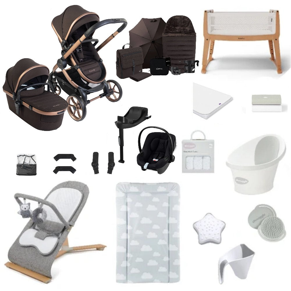 iCandy Peach 8 bundle in pecan colourway with all babies essentials including crib, car seat and bathing accessories.