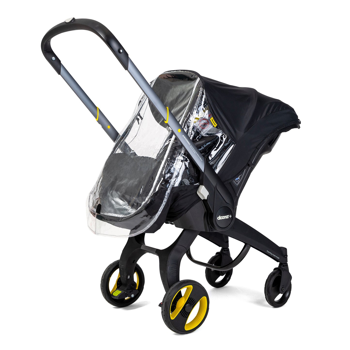 A black stroller car seat with a clear protective cover, specifically designed for use with a Doona car seat in rainy conditions.