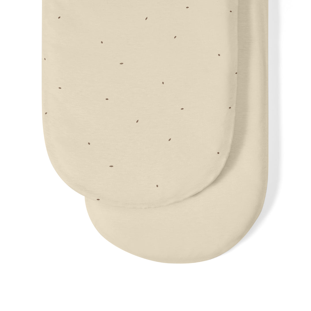 Little green sheep organic cotton moses basket/pram fitted sheets in linen colour with cocoa dots.