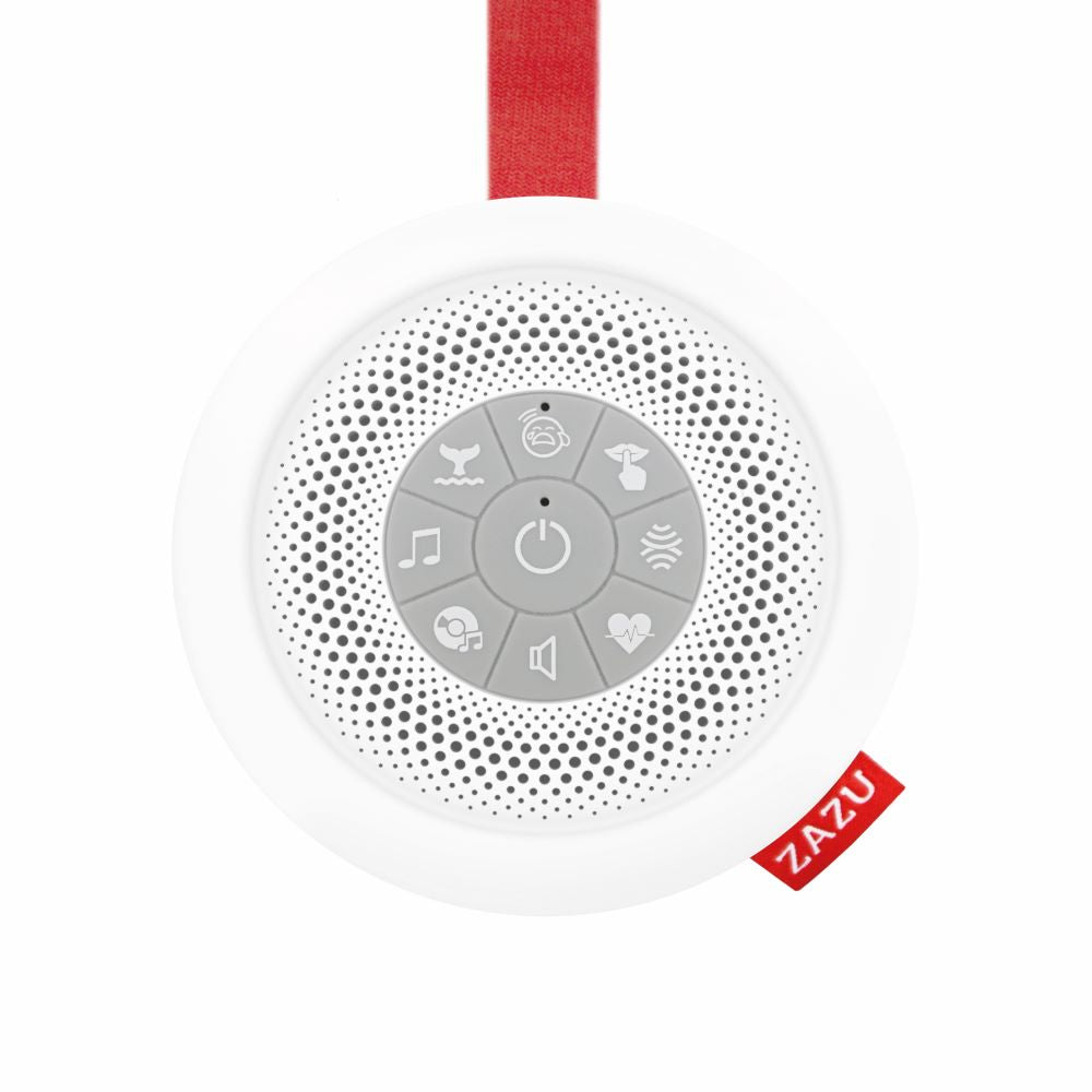 A round sound box with multiple feature buttons and red attachment strap.