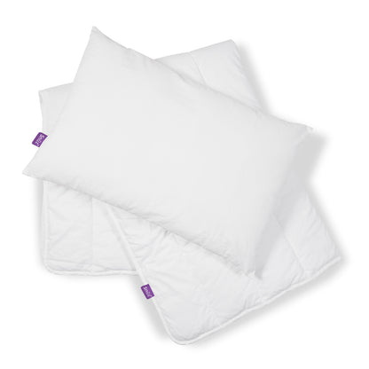 Snuz 4 tog duvet & pillow set in white with purple labels on a white background