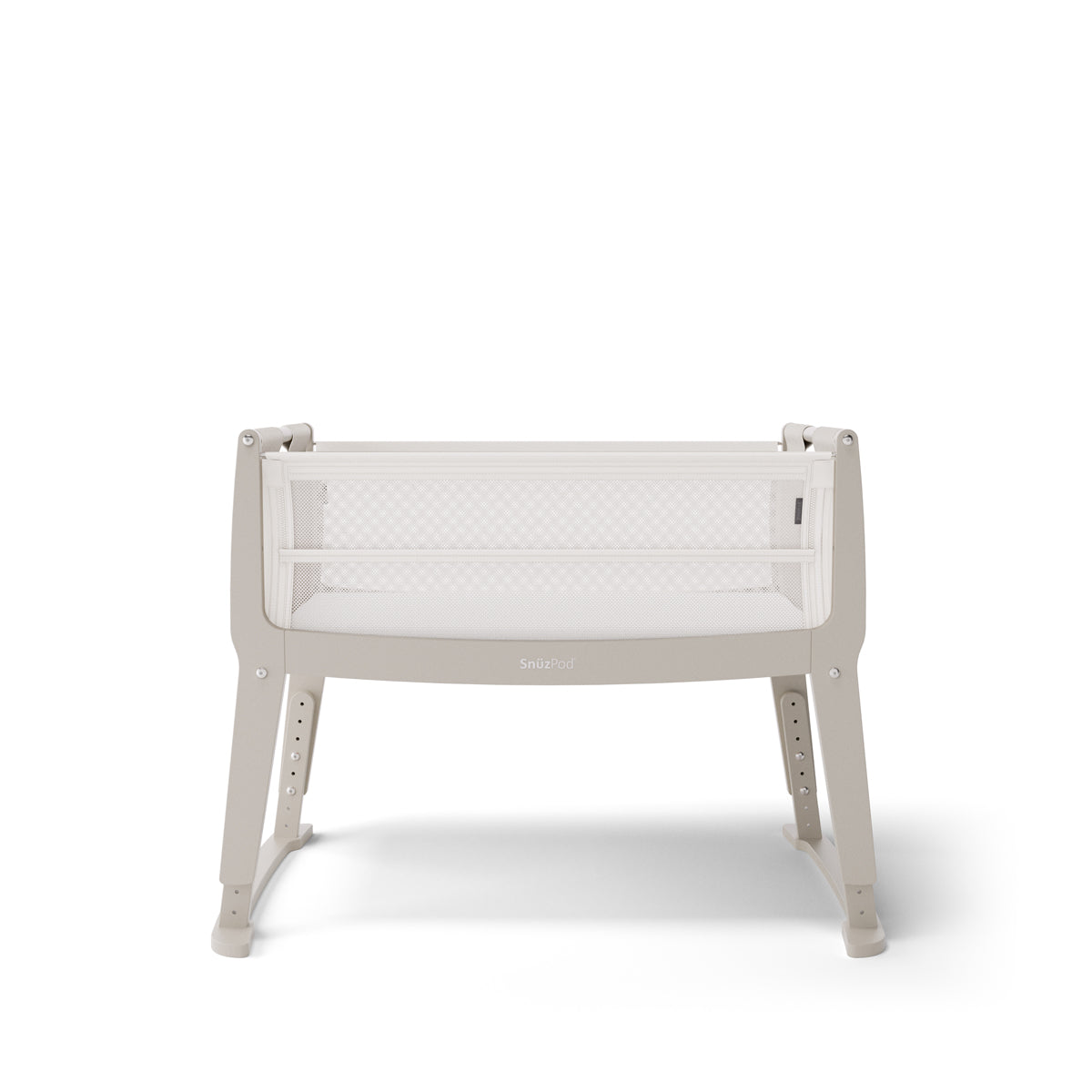 SnuzPod Studio bedside crib in Oslo Light Grey colour.