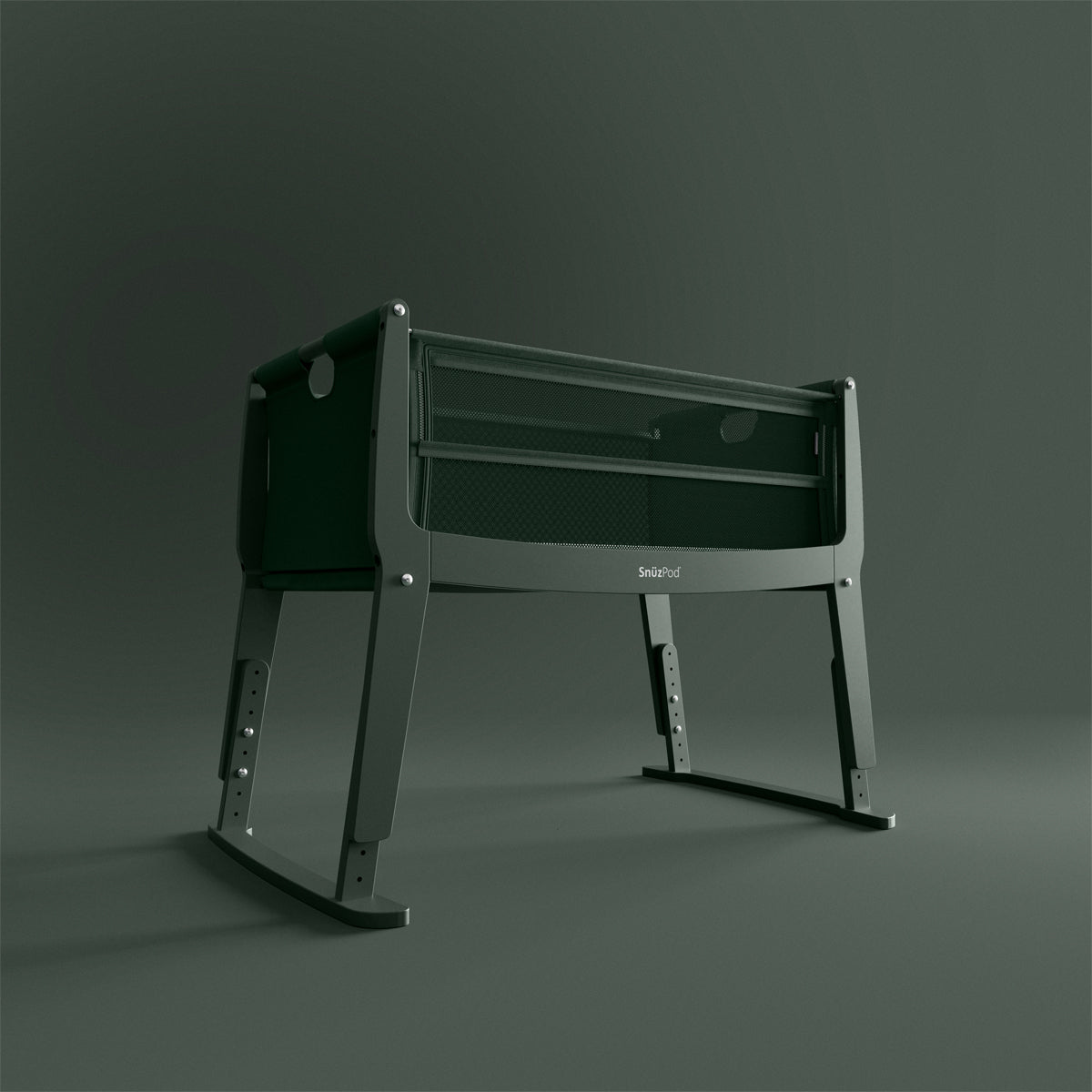 SnuzPod Studio bedside crib in Berlin Green colour.