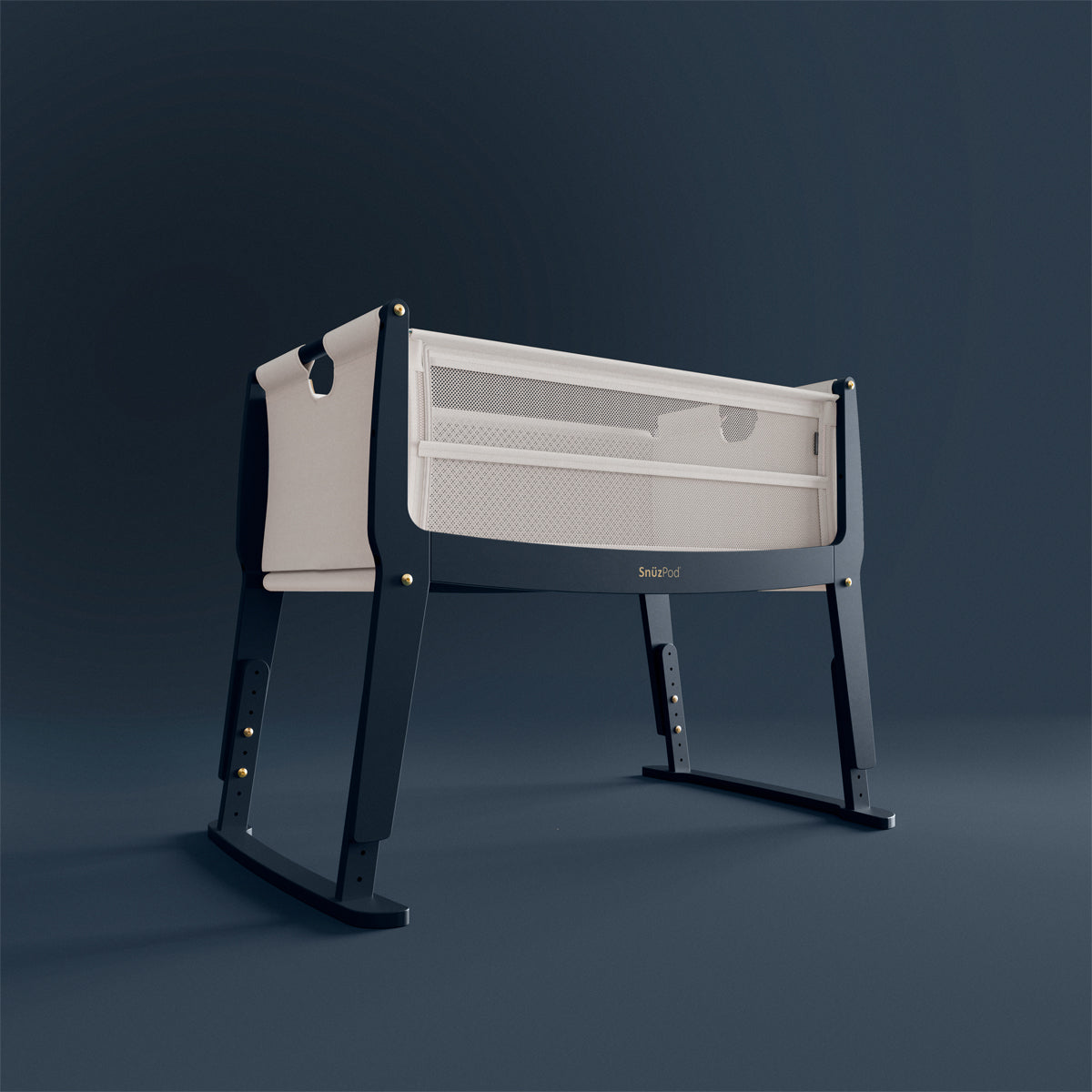 SnuzPod Studio bedside crib in London Navy colour.