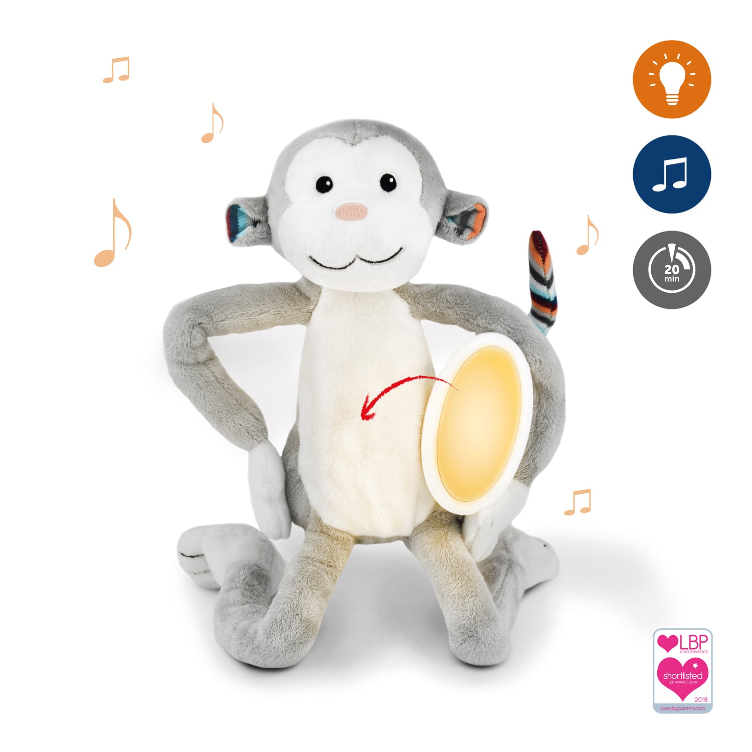 A grey and white monkey illustrating its sound and lighting functions.