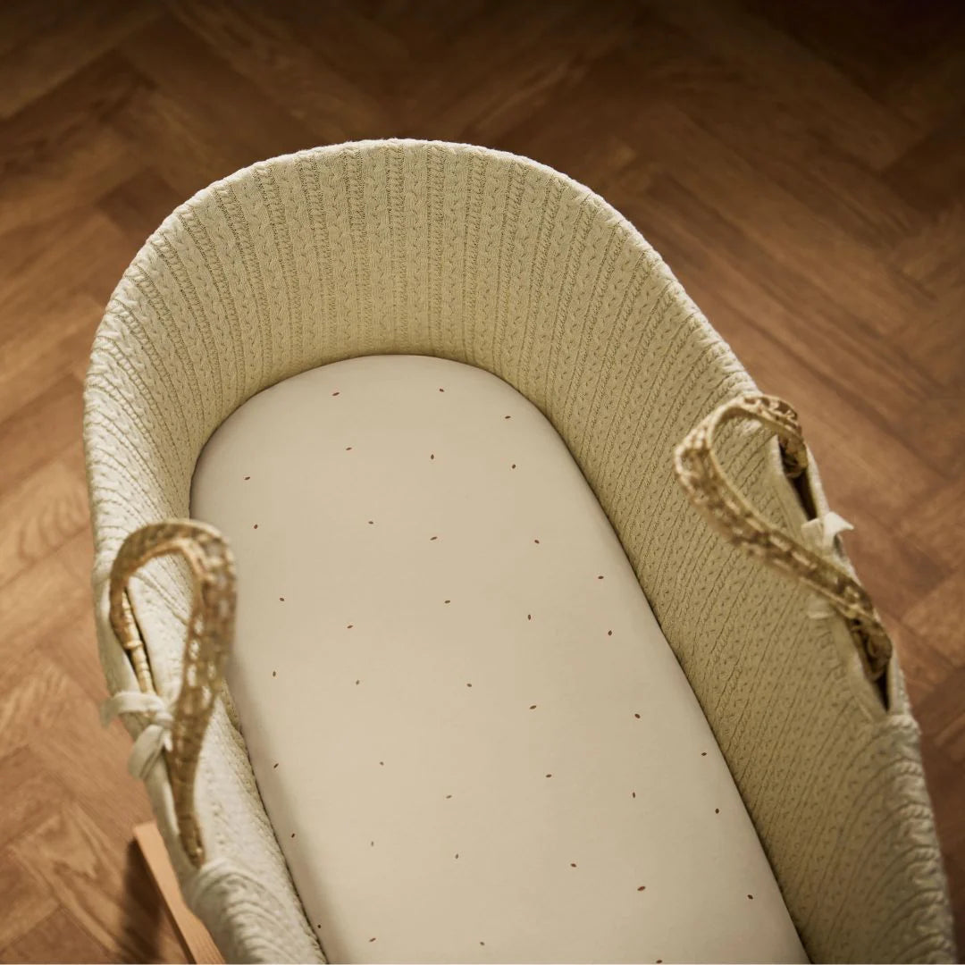 Little green sheep organic cotton moses basket/pram fitted sheets in linen colour with cocoa dots.