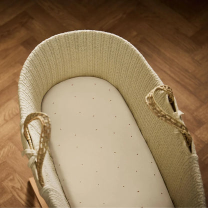 Little green sheep organic cotton moses basket/pram fitted sheets in linen colour with cocoa dots.