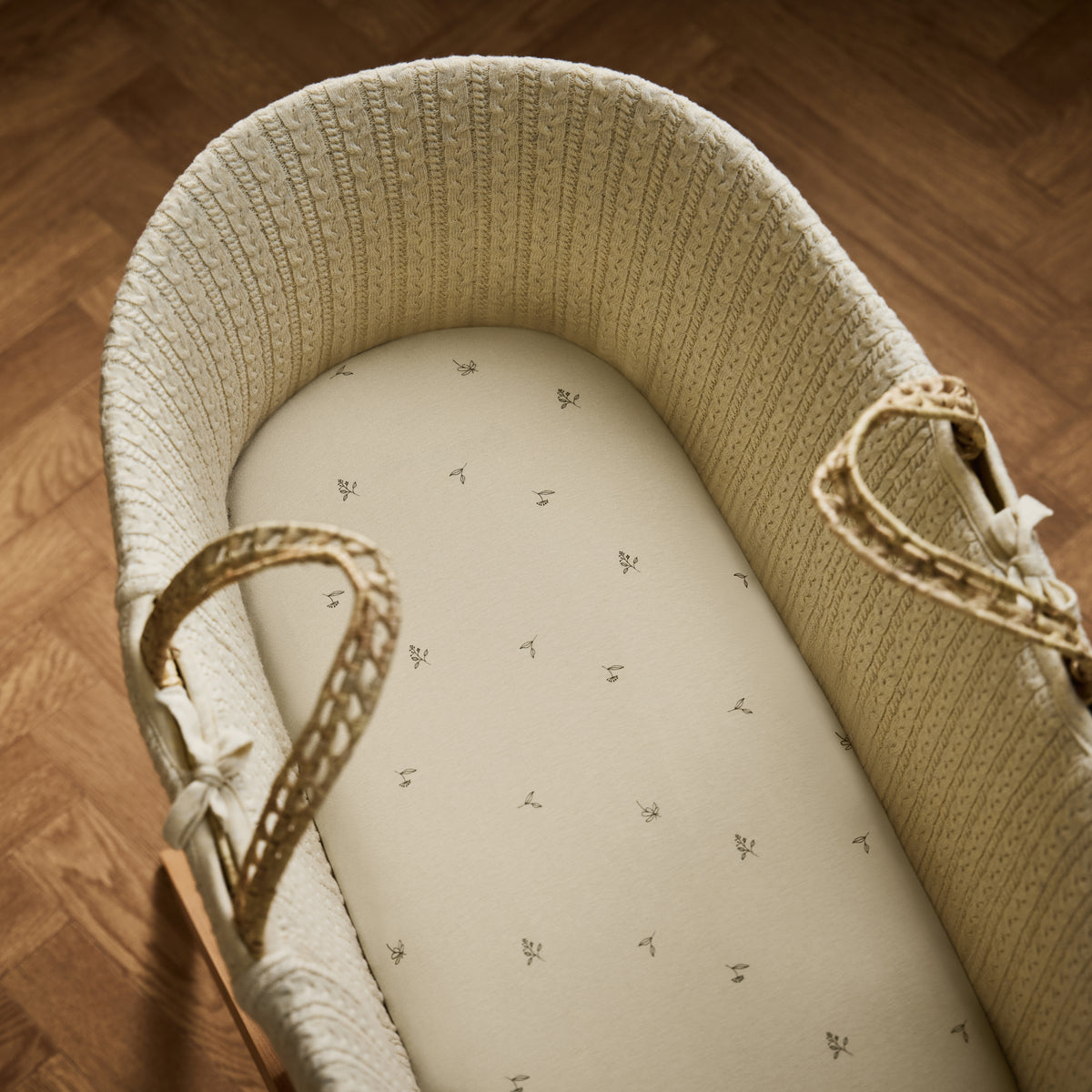 Little green sheep organic cotton moses basket/pram fitted sheets in floral and cream colour.