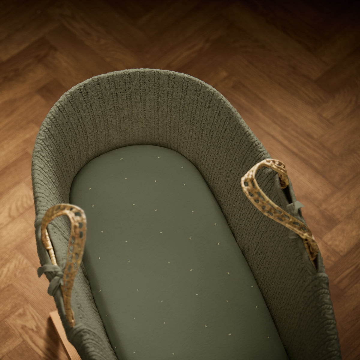 Little green sheep organic cotton moses basket/pram fitted sheets in juniper green and sage beige colour.