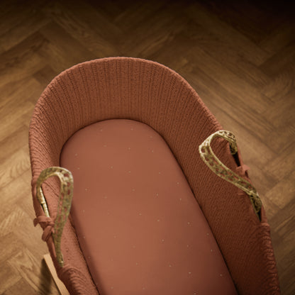 Little green sheep organic cotton moses basket/pram fitted sheets in terracotta colour with beige dots.