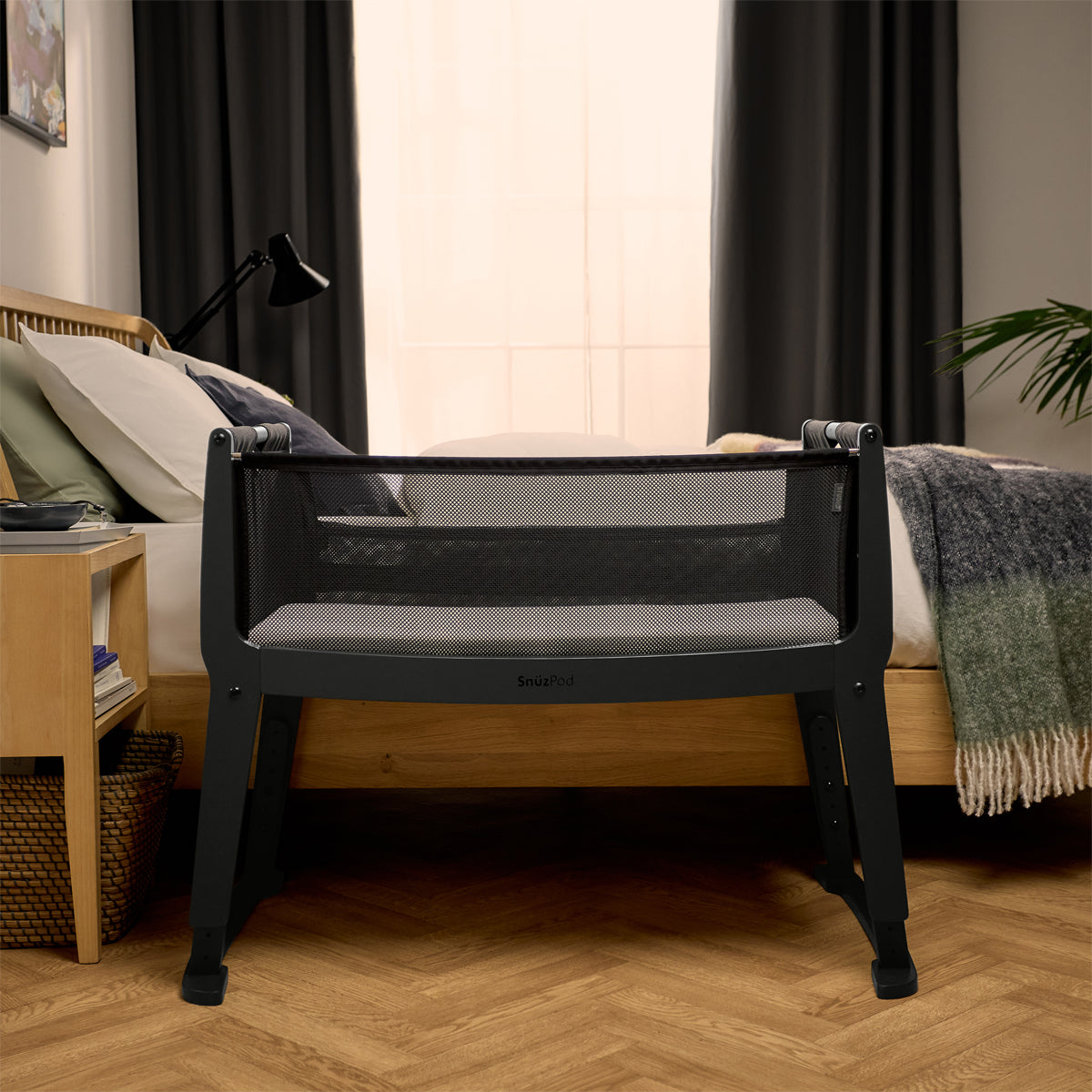 SnuzPod Studio bedside crib in Brooklyn Dark Grey colour.