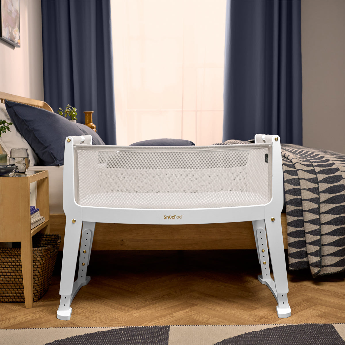 SnuzPod Studio bedside crib in Paris White colour.