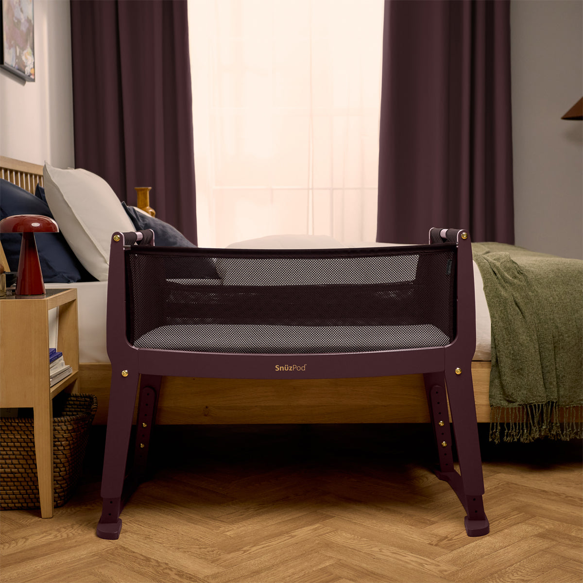 SnuzPod Studio bedside crib in Rome Burgundy colour.