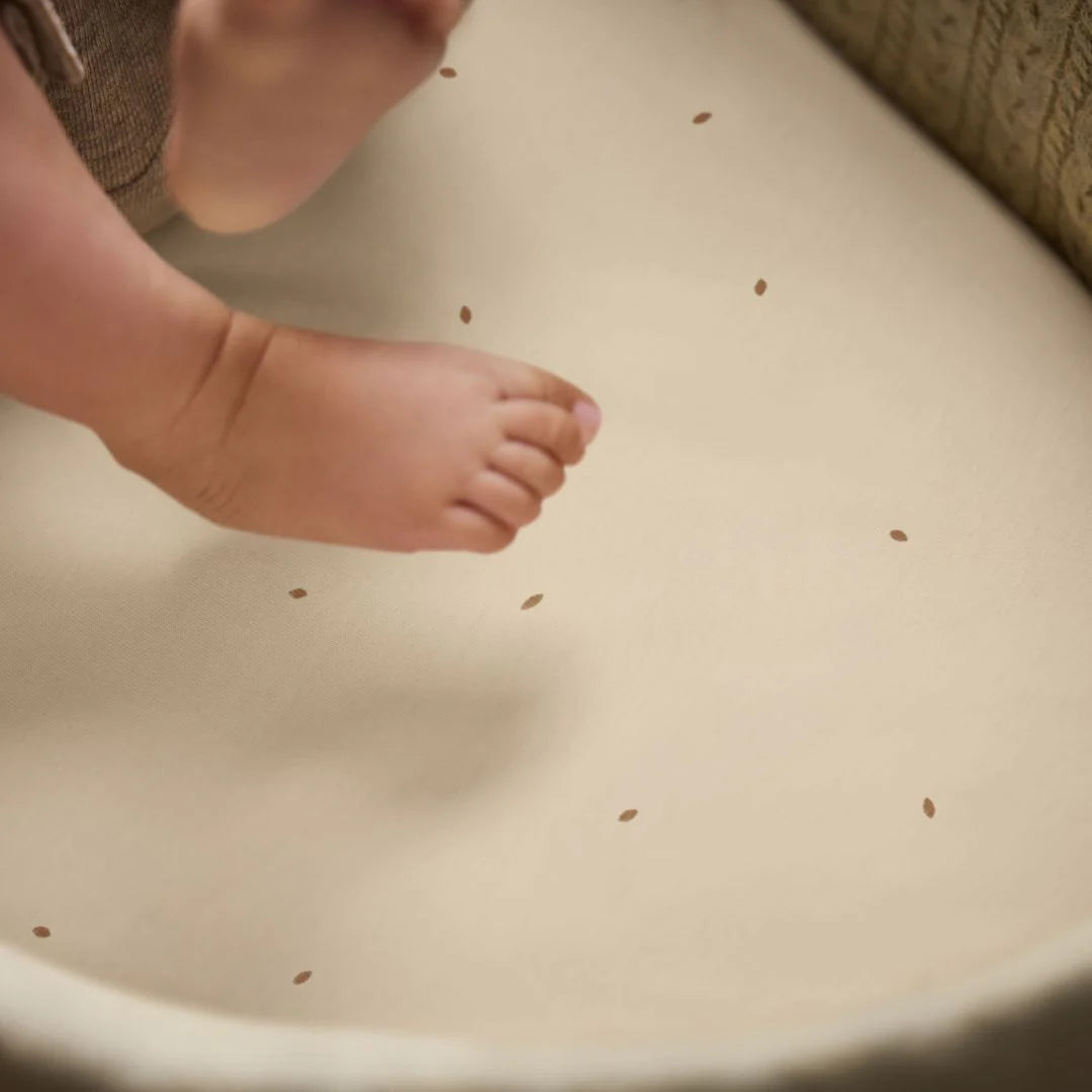 Little green sheep organic cotton moses basket/pram fitted sheets in linen colour with cocoa dots.
