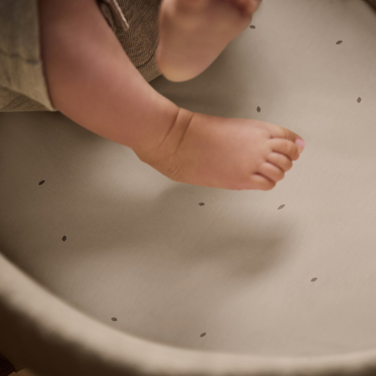Little green sheep organic cotton moses basket/pram fitted sheets in truddle colour with brown dots.