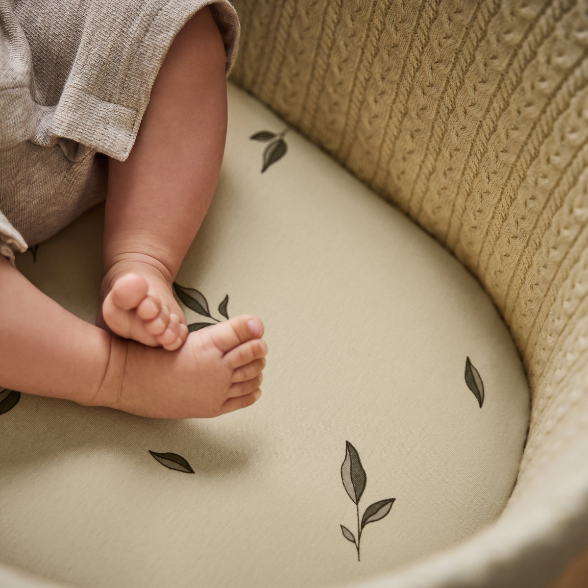 Little green sheep organic cotton moses basket/pram fitted sheets in beige with leaves colour.