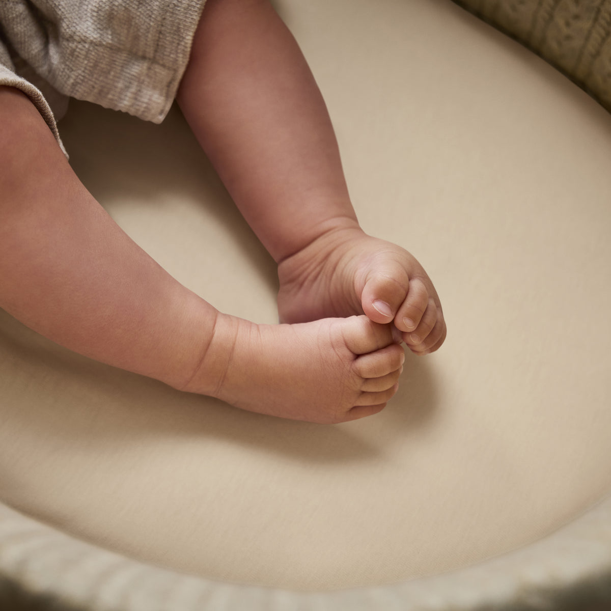 Little green sheep organic cotton moses basket/pram fitted sheets in linen beige colour.