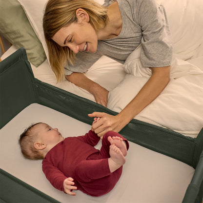 SnuzPod Studio bedside crib in Berlin Green colour.