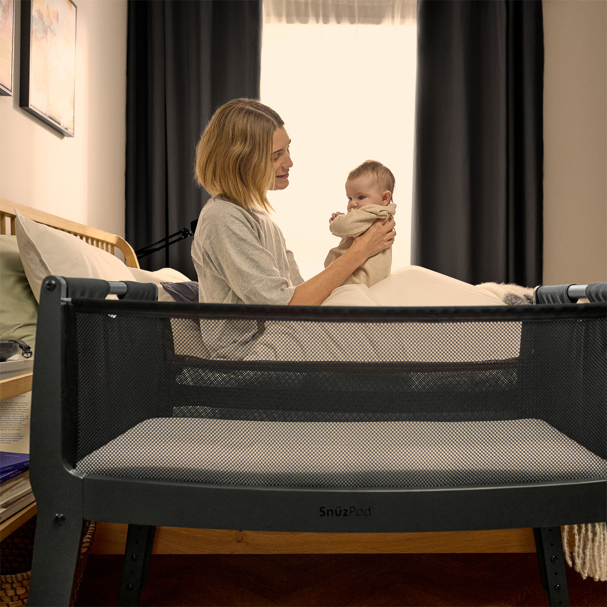 SnuzPod Studio bedside crib in Brooklyn Dark Grey colour.